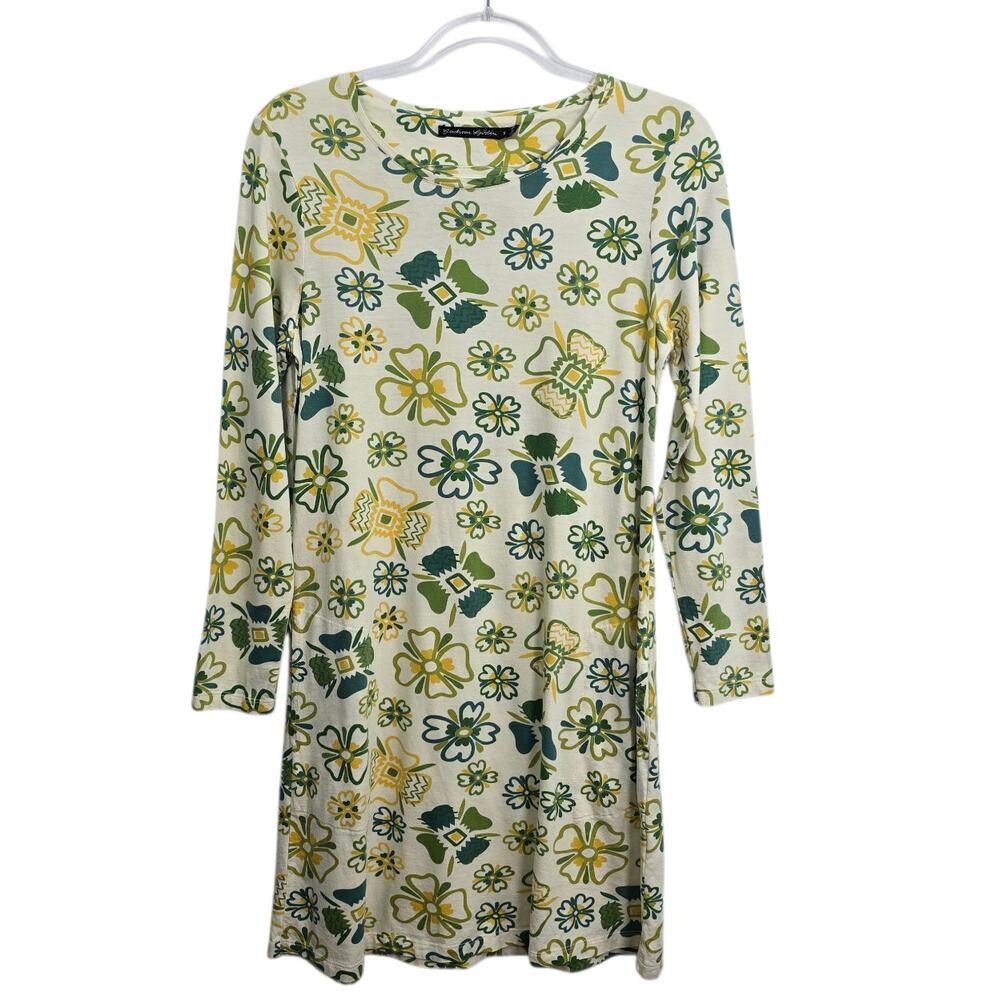 Gudrun Sjoden A Line Jersey Dress Scandi Floral Cream Green Yellow S